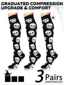 Unisex Compression Socks 15-20mmhg, Knee-High Design, Running & Recovery, Halloween Skull Pattern, Multiple Colors Available