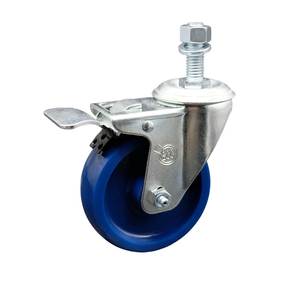 Service Caster SCC-TSTTL20S414-SPUS-M1215 Series #20 Swivel Type Threaded Stem Single Caster - Solid Polyurethane, 4x1.25 inches Blue Non-Marring Wheel, 12 mm Stem, Total Locking Brake, 300 lbs Capacity, Bolt Hole, for Carts/Equipment, Material Handling