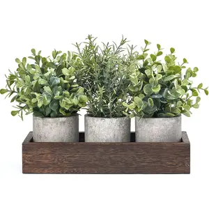 3 Pack Mini Potted Artificial Eucalyptus Fake Plants with Wood Tray Centerpiece Table Decorations, Farmhouse Pulp Flower Pots Greenery Home Decor for Coffee Table Dining Room Office Kitchen