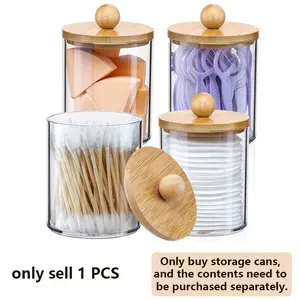 Small Transparent Plastic Container Set, Bamboo Lid Holder Dispenser for Cotton Swabs Balls Pads Flossers, Bathroom Essentials Decor