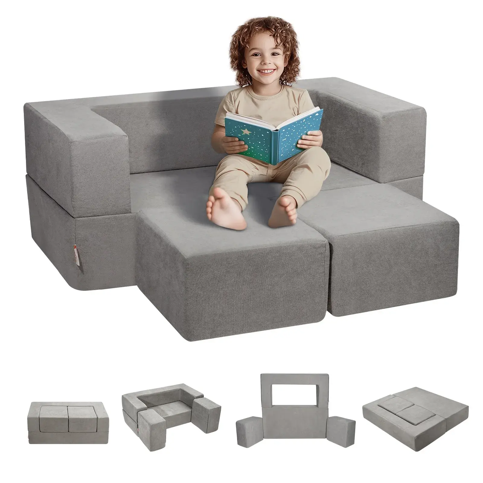 【SummerFinds】VEVOR Kids Couch, 4Pcs Modular Kids Play Couch, Toddler Couch Sofa Bed, Kids Chair Seat Playroom Furniture, Child Sectional Sofa with Removable Cover for Kids Girls & Boys, Grey