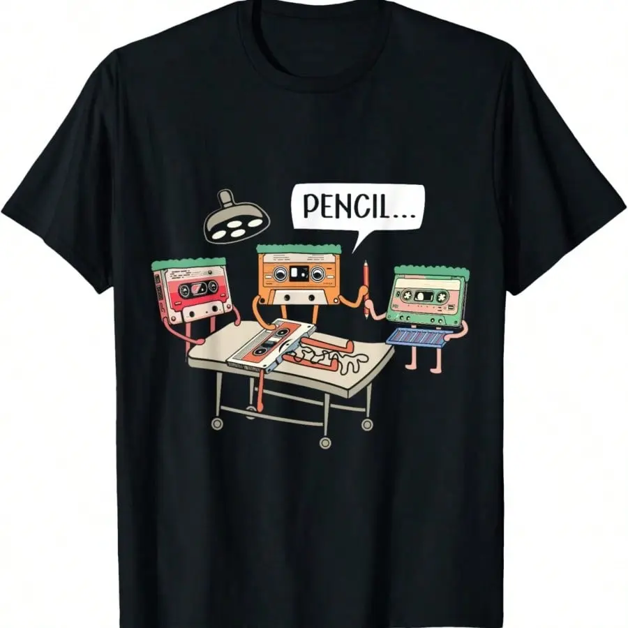 Men's Graphic T-Shirt with Vintage 80s Cassette Tape Print, Casual 100% Cotton Short Sleeve Round Neck Top, Fabric, Menswear, Stretch, Tshirt, Hem, Vintage Appeal, Retro Tape Print, Male Short-Sleeve