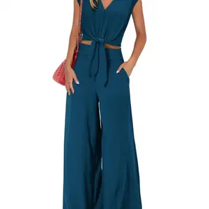 Fashionable Women's Summer 2-Piece Set: Cap Sleeve V-Neck Tie-Waist Short Top and Wide-Leg Pants Outfit