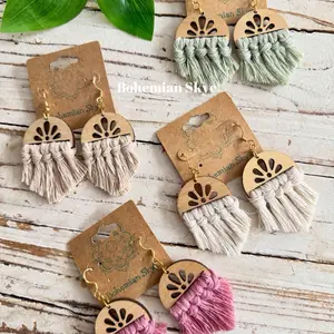 Bohemian Skye Boho Macrame Earrings with Fringe Laser Cut Wood Lightweight Comfortable Spring Summer Accessories Gift Idea for Boho Lovers