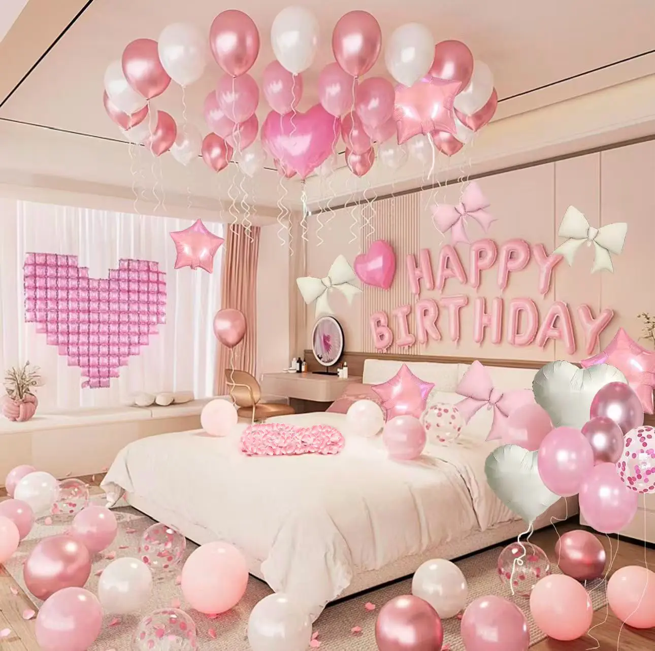 Pink Happy Birthday Decorations Balloons Kit, Party Decor Balloons with Happy Birthday Banner, Heart Wall Aluminum Film Balloon, White Confetti Foil Balloon, Bow Foil Balloon, Pink Birthday Decorations