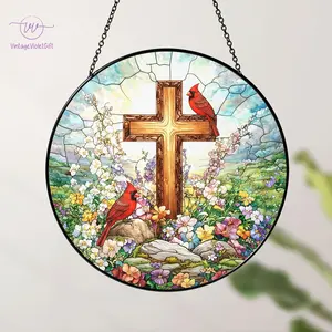 Jesus With Cardinals Stained Glass Suncatcher Memorial Gift, Christian Window Hanging, Jesus Christ Decoration, Religious Christmas Decor