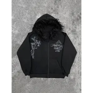 Women's Y2K Gothic Punk Hoodie - Full-Zip Hooded Sweatshirt with Front Zipper Closure, Loose Fit Streetwear Pullover for Concerts Fabric Polyester