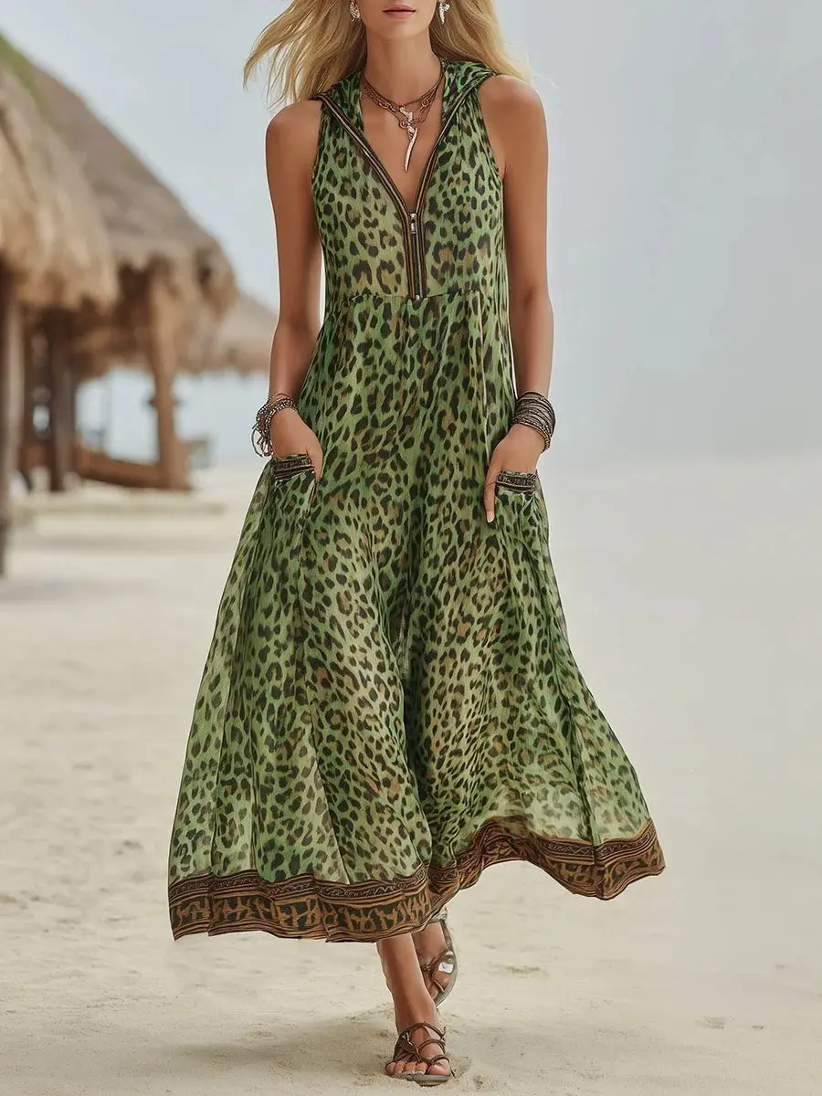 2026 Vintage Women's Long Dress Zipper V-Neck Hooded Leopard Print Maxi Gown Casual Sleeveless Pocket Strapless Dresses