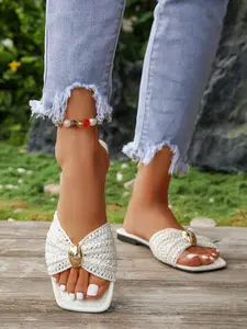 Women's Comfortable Beach Vacation Flat Sandals, Casual PU Leather Low Heel Slippers, Square Toe Summer Shoes