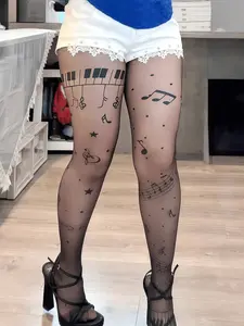 Women's Musical Note Pattern Leggings, Transparent Music Sheet Design, Fitted All Season Wear, Sexy Style Print