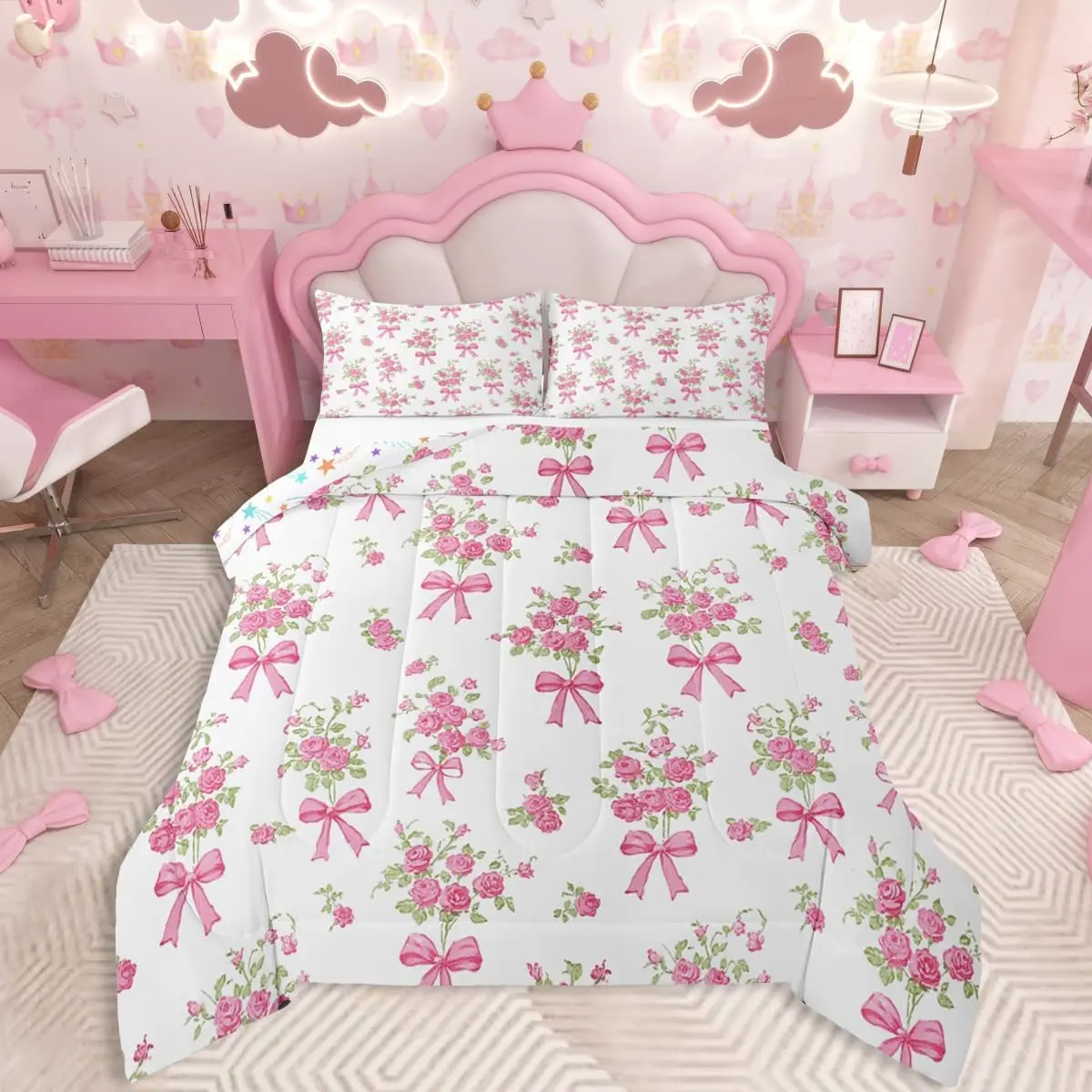 Bowknot Comforter Set Rose Bedding Set Pink Bow Duvet Quilt Rose Floral Flower Bedroom Decor Microfiber 1