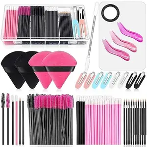 Disposable Makeup Applicators Kit with Makeup Mixing Palette, 100pcs Mascara Wands, 100pcs Lip Brushes, 20pcs Eyeliner Brushes, 8pcs Hair Clips & Storage Box