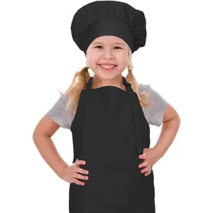 Apron and Chef Hat Set, Adjustable Cotton  Aprons with Large Pocket Black Girls Boys Kitchen Bib Aprons for Cooking Baking Painting