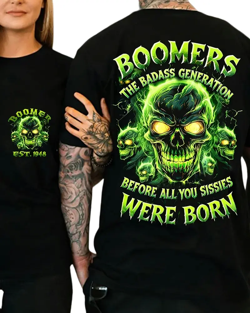 [Customization]Menswear Custom Year Skull T-Shirt - Chaosmoda Boomers "The Badass Generation Before All You Sissie Were Born" Design, Crewneck, Breathable, Casual, Edgy Street Style