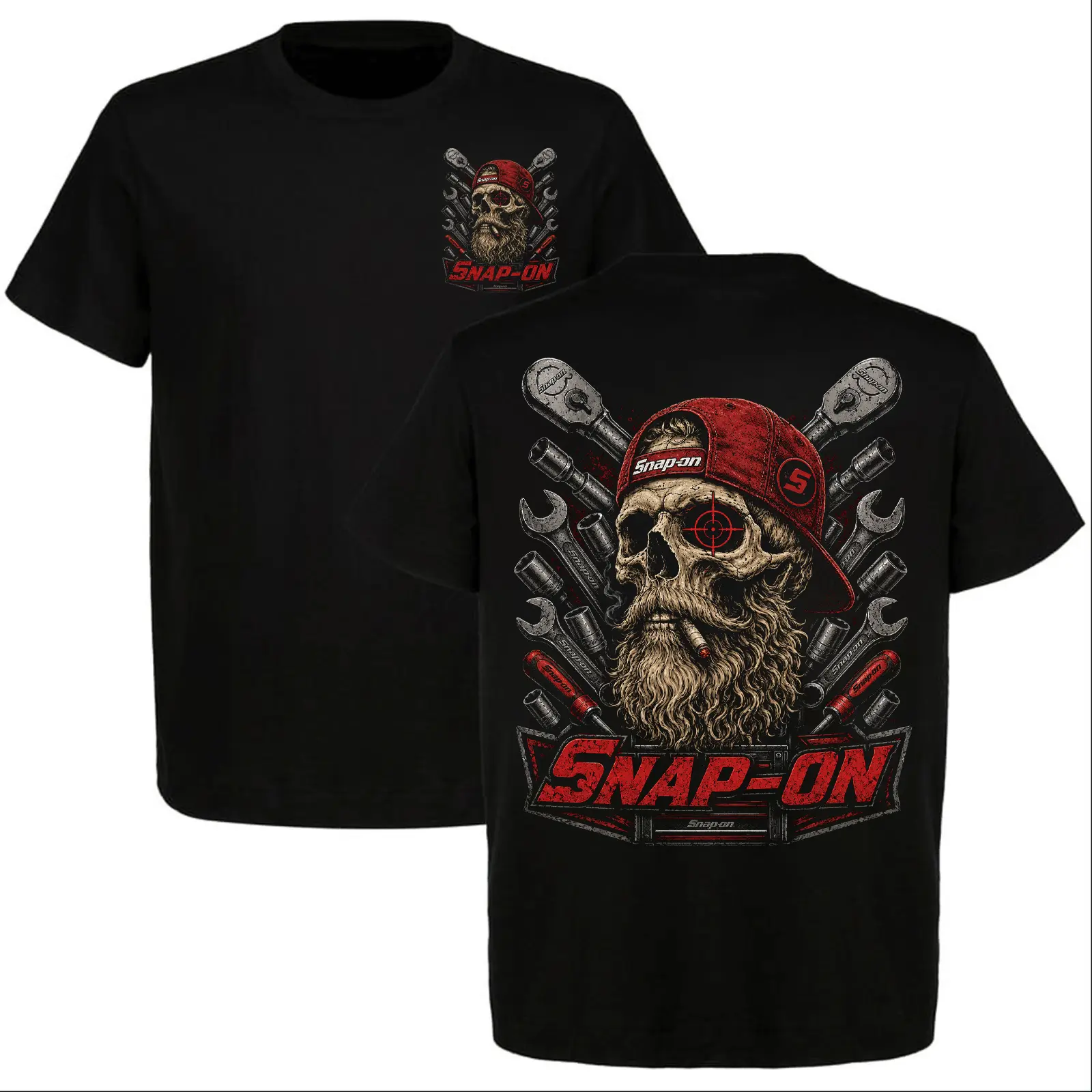 Mechanic Tools Skull T-Shirt, Mechanic Wrench Ratchet Graphic Tee, Automotive Technician Front and Back Print Shirt for Men