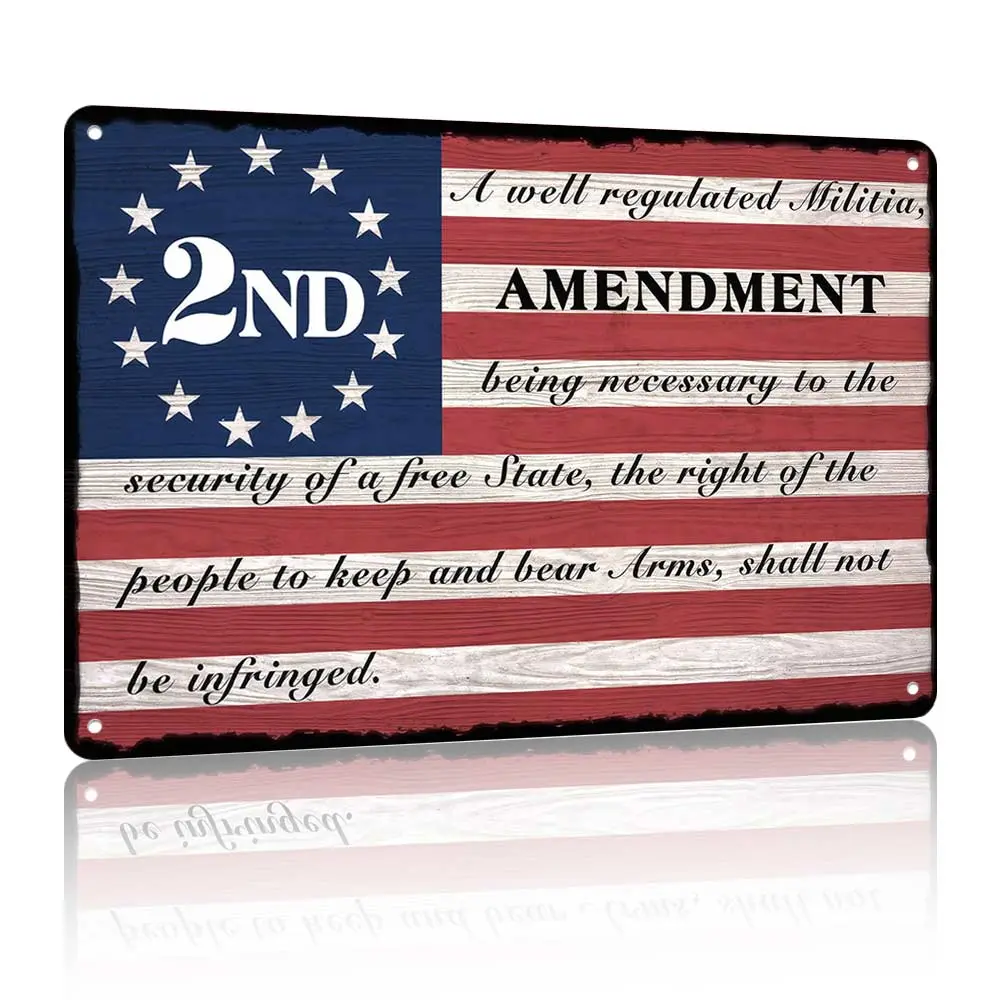 12x8 in 2nd Amendment US Flag Metal Hanging Decorative Plaque Signage, Patriotic Bear Arms Quote Wall Art Plaque, Rustic Military Office Home Decor for Man Cave, Rectangle