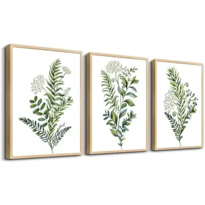 Natural Wood Frame 3 Pieces Framed Wall Art For Living Room Bathroom Wall Decorations Kitchen Wall Decor Canvas Print Decor Modern Simple Bedroom Home Decoration Green Leaves Poster Wall Paintings