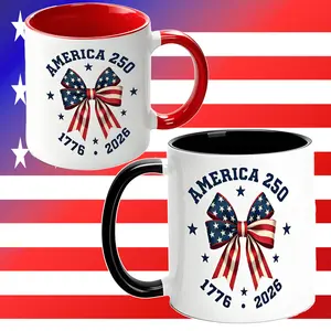 America 250 Stars And Stripes Bow Print Mug Freedom 250 Years Mug 11OZ Semiquincentennial Souvenir (1776-2026), Memorial Day America Celebration Party Gift Souvenir