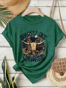 Women's Western Cowboy Style Print T-Shirt, Soft Stretch Round Neck Short Sleeve, Casual Summer Top, Comfortable Vacation Shirt