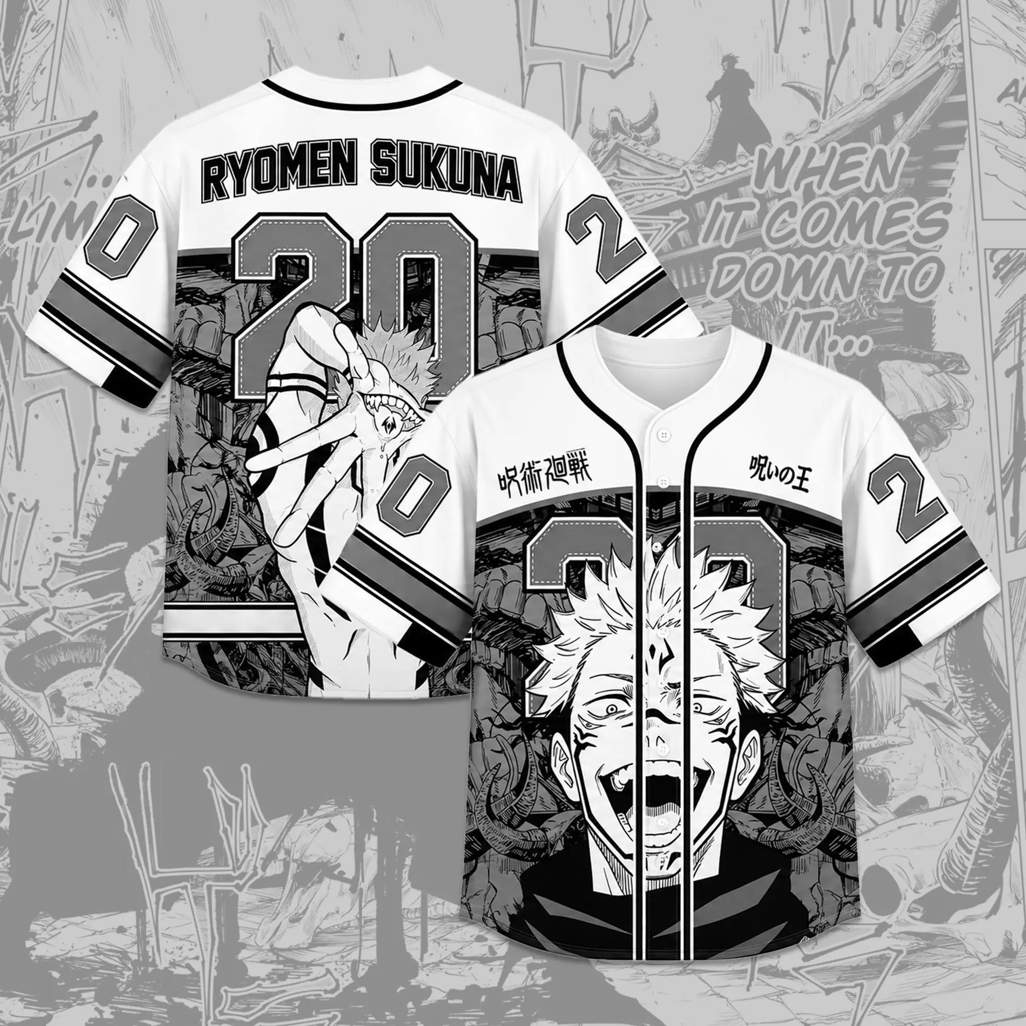 Japanese Anime Baseball Jersey Shirt, Gothic Manga Graphic Button Down Top, Spooky Demon King Curse Graphic Streetwear, Vintage Japanese Character Cosplay Jersey for Men Women