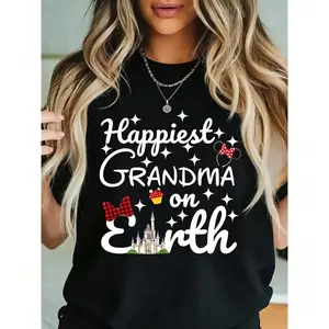 Cotton T-shirt Featuring Short Sleeve Crew Neck Casual Design with "Happiest Grandma On Earth" Print Mickey Ears and Stars Perfect for Mother's Day Spring and Summer Machine Washable Men's Tee