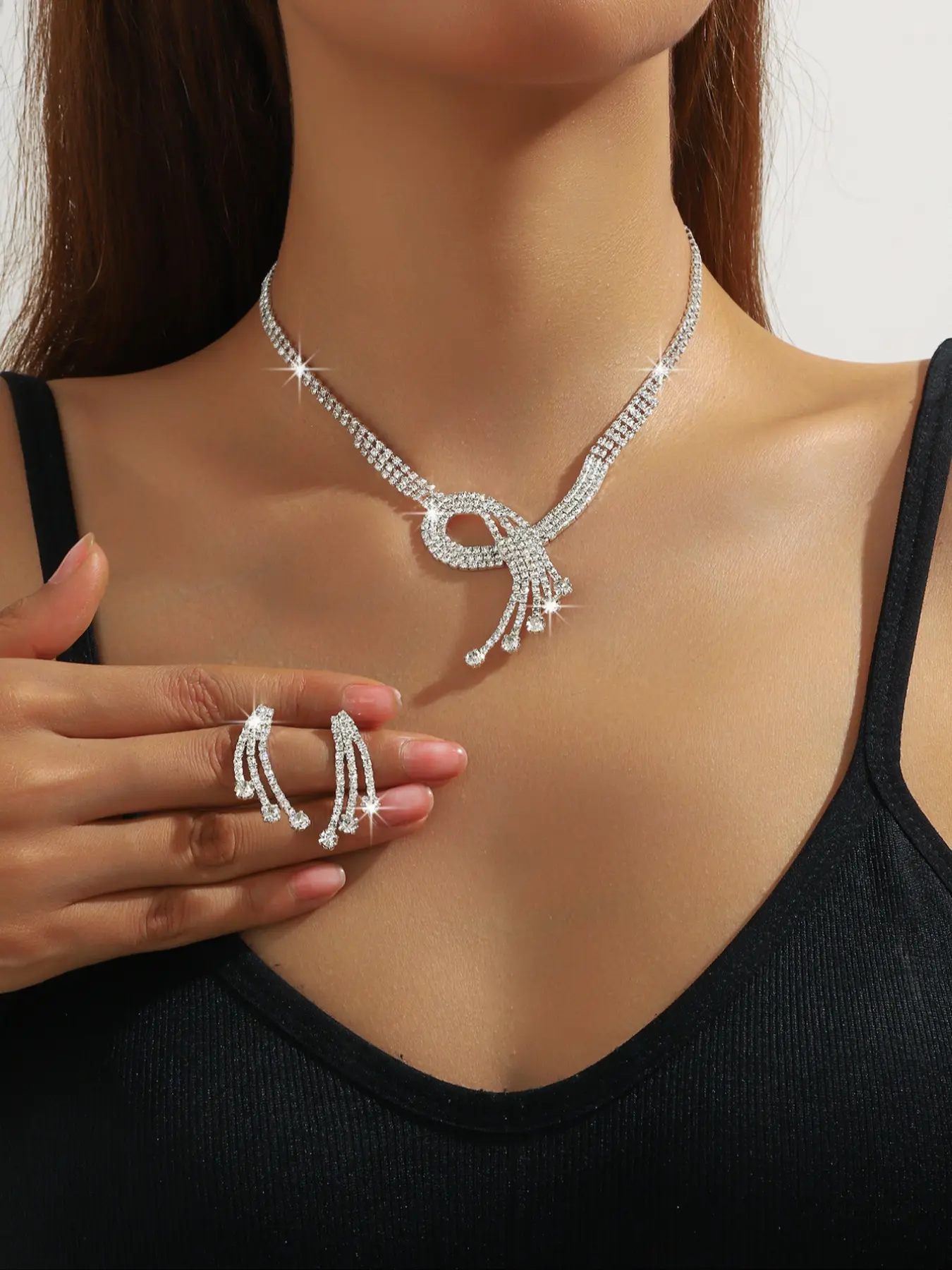 Fashionable New Sparkling Water Diamond Party Peacock Tail Necklace Earrings Set, Bridal Jewelry Accessories for Women