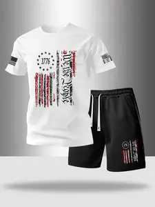 Men's Summer Flag Design Letter Print Round Neck T-Shirt Tee with Drawstring Pocket Shorts, Casual Outdoor 2-Piece Set Menswear for Relaxed Fit Clothes
