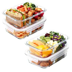 4 Pack Glass Food Storage Containers with Dividers, 8-Piece Meal Prep Containers with Lids, Leak-Proof Bento Lunch Boxes, Microwave, Oven, Dishwasher & Freezer Safe, Glass Tupperware