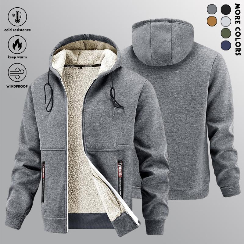 Men'S Winter Sherpa Hooded Jacket, Thick Warm ZipUp Hoodie,Casua Soid Color.100% Polvester.SlightStretch Knit Fabric, Loose Fit,450gm WeightFallWinter Outerwear
