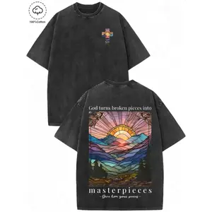 Men's mountain view and sunset print crew neck 100% cotton T-shirt, vintage fashion casual street style short-sleeve washed distressed fitted T-shirt, suitable for daily wear, men's summer clothing, unisex top, cross and God