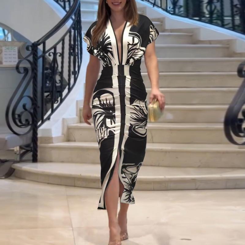 CHICME Floral Print V Neck Midi Dress Elegant Wedding Guest Dress Ruched Slit Party Dress Vintage Bodycon