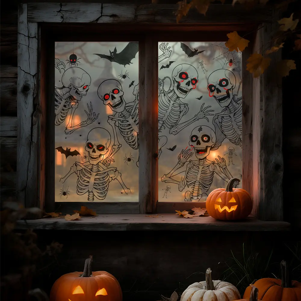 Halloween Glass Decoration Stickers, Removable Window Clings, Privacy Film, Home Decor, Skull Design, Static Cling, Suitable for Doors & Windows, Door Decorations, Removable Window Decal, Decorative Decal