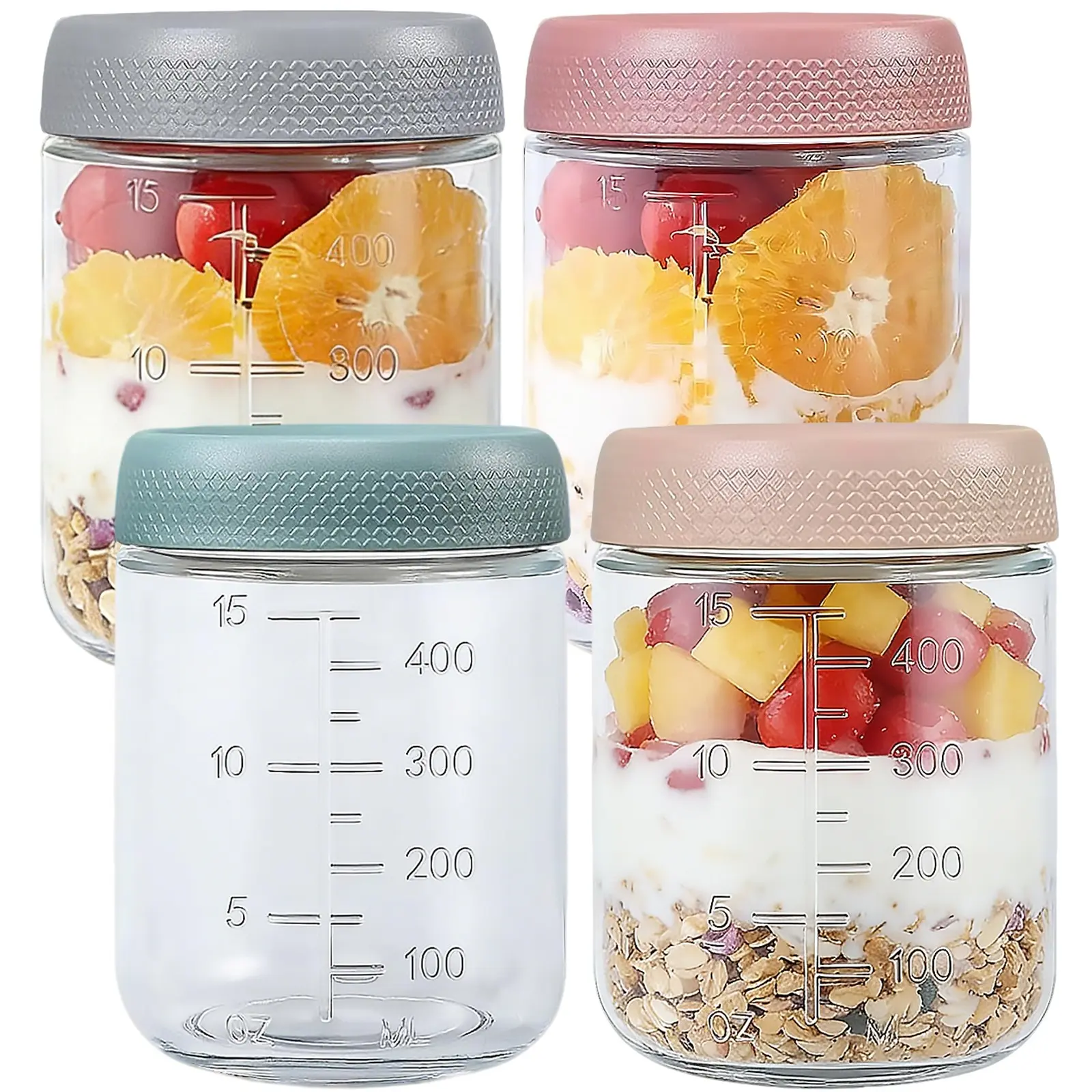 4 Pack Overnight Oats Jar Container, 500ml Thick Glass with Visible Scale and Non-slip Lids, Glass Jars with Lids for Yogurt Dressings Salad & Snacks, Leakproof Container, Storage Containers