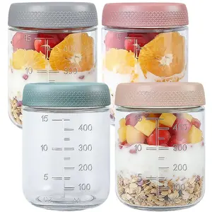 4 Pack Overnight Oats Jar Container, 500ml Thick Glass with Visible Scale and Non-slip Lids, Glass Jars with Lids for Yogurt Dressings Salad & Snacks