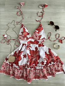 Contrast Tropical Floral Halter Neck Tie Back Ruffle Short Dress, Vacation Style, Women's Fashion, Summer, Womenswear