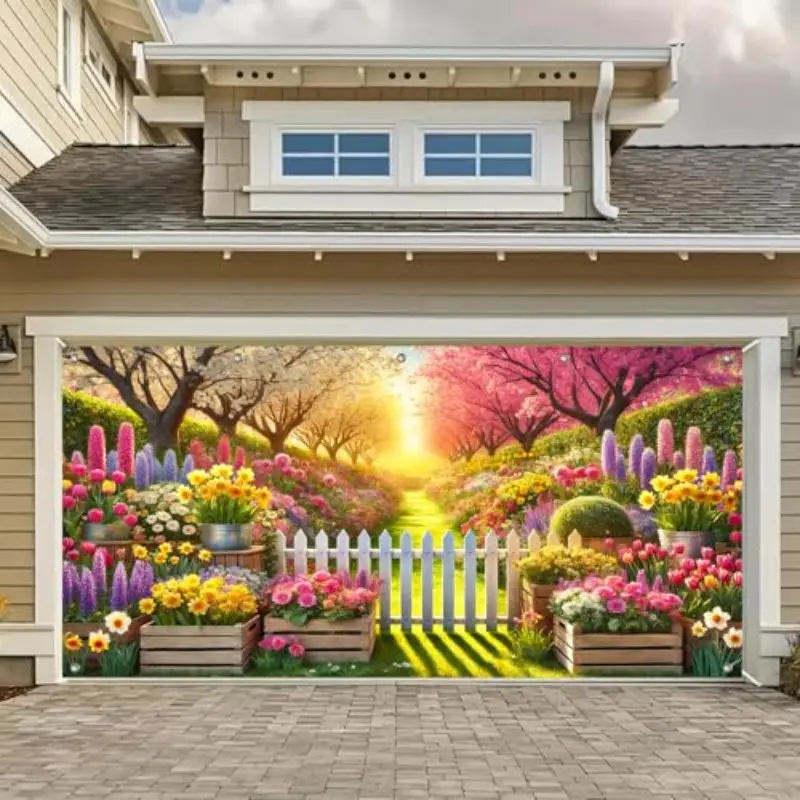 2D Flat Banner Spring Flower Garden Garage Door Cover, Colorful Floral Fence Mural, Tulip Daffodil Blossom Backdrop, Easter Outdoor Yard Decor
