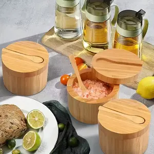 Creative Kitchen Salt Box Set, Bamboo Storage Container with Lid, Small Tool for Restaurant & Home Use, Durable Seasoning Organizer