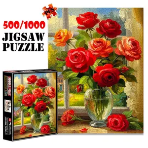 1pc 1000 piece adult puzzle 70x50cm Vase of Red and Orange Roses by Window 500 pieces of paper jigsaw puzzle, suitable for adults and families, large-scale DIY puzzle interactive toy games, birth