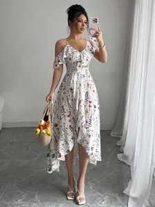 Elegant Floral V-Neck Halter Dress, Short Sleeve Ruffle Waist Irregular Hem, Casual Feminine French Romantic Date Night Gown, Womenswear