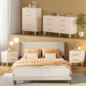 GIZOON Modern Bedroom Furniture Set - Steel Frame Queen Bed, 2-Piece Nightstand Sets, 5-Drawer Dresser, Double Wide 6-Drawer Dresser, Beige/White Wood-Based Storage Solution for Stylish Homes