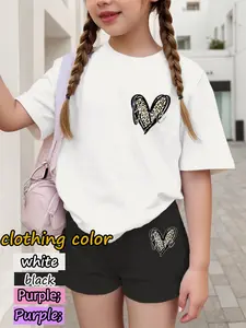 Girls Leopard Heart Set, Chest Pants Love Print, Children Short Sleeve Shorts, Premium Fabric, Sweet Cool Fashion, All Seasons, Cute Clothing Set, Clothes Sets, Fine Girls Outfit