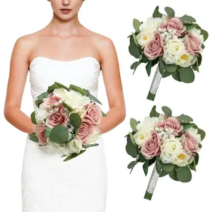 Set of 2 Bridesmaid Bouquets, 11 Inch Wedding Bouquets for Bridesmaids Artificial Flower Bouquets for Wedding Ceremony Bridal Shower Decorations - Dusty Pink & White