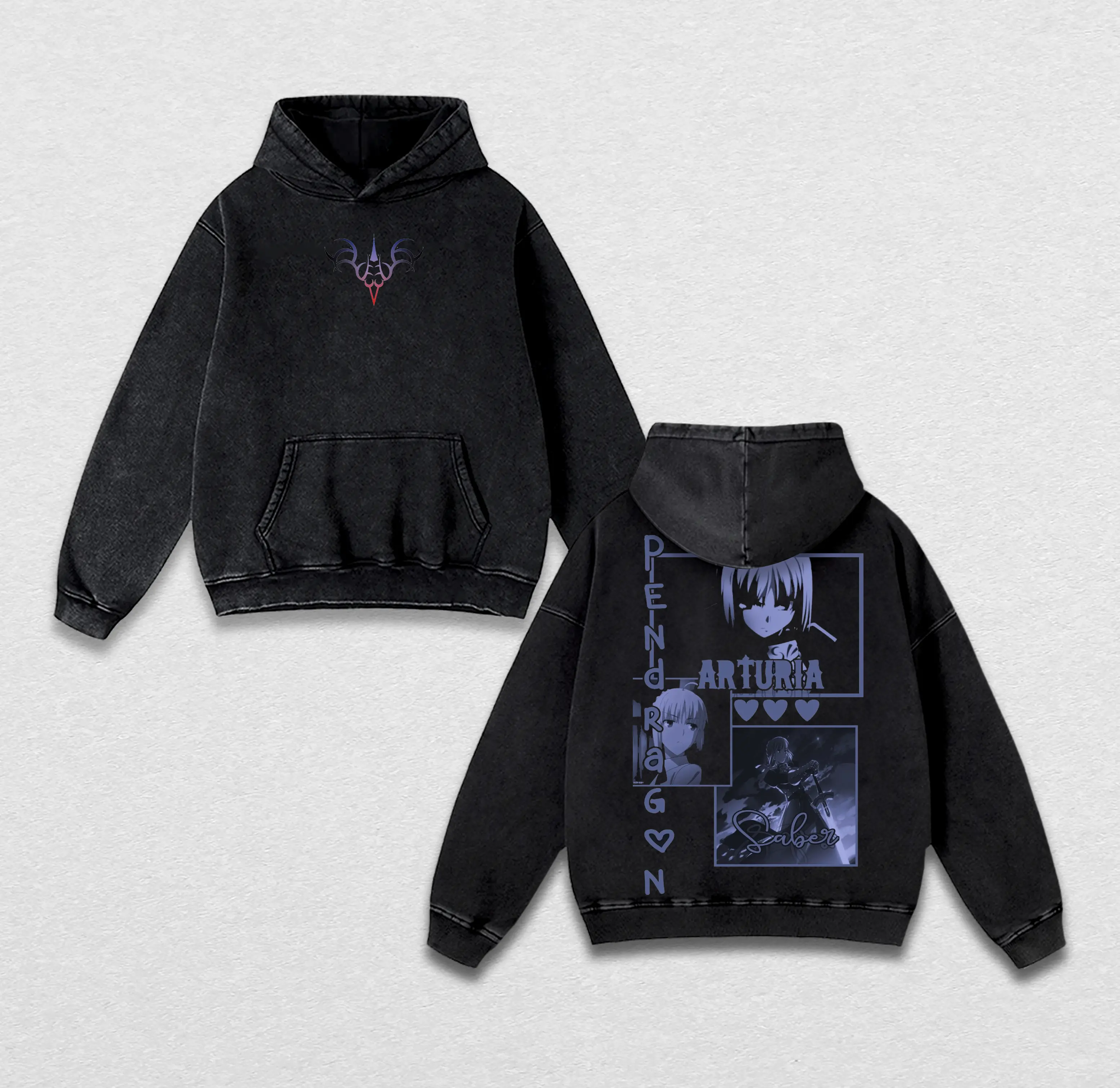 Artoria Pendragon Saber Hoodie & T-Shirt – Fate/stay night Vintage Washed Oversized Anime Apparel, Heavy Cotton Streetwear Unisex Top for Fans