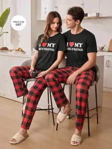 I Love My Boyfriend/Girlfriend Matching Pajamas Set for Couples, Soft Plaid Pants & Short Sleeve Tee, Casual Loungewear for Nightwear, Cozy Sleepwear for Valentine's Day, Anniversary Gift for Him & Her, Comfy Couple PJs for Home & Vacation