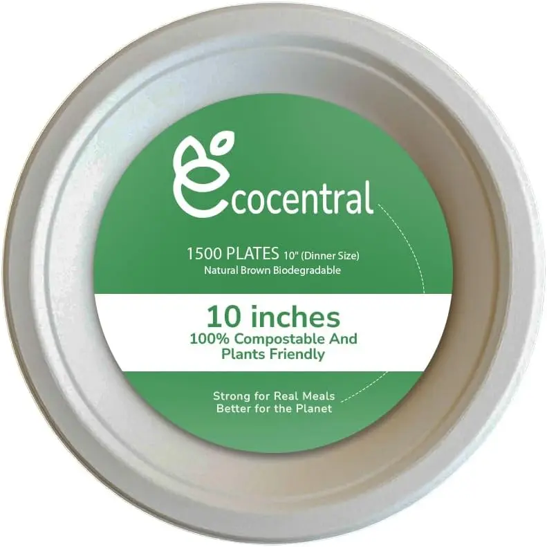 EcoCentral Compostable Heavy-Duty Round Paper Plates, 10 Inch, White, Disposable Biodegradable Sugarcane Fiber, Microwavable