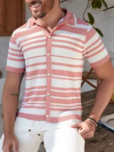 Men's Fashion Fitted Shirt Short Sleeve Button Design Collared Striped Shirt, Casual Street Style, Perfect for Casual and Outdoor Activities, Comfortable Lightweight Fabric, Button Front Shirt, Menswear