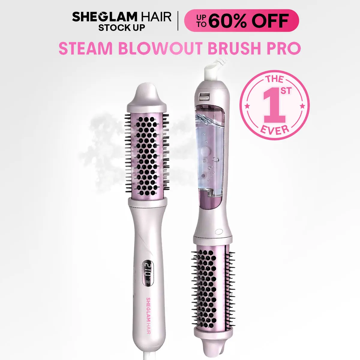 【Cardi-B Approved】SHEGLAM HAIR Hydra Shot Steam Blowout Brush Pro 1.5" 4-in-1 Steam Thermal Brush | 3X Faster Blowouts | Less Heat Damage | Anti-Frizz Nano Steam | Scald-Proof | Long-Lasting Glossy Volume | Bama Curl | Universal Voltage