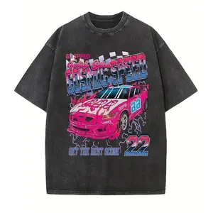 Cosmic Speed Vintage Washed Racing Car Graphic T-Shirt, Fastest Speed 22 Retro Pink Race Car Oversized Black Streetwear Tee for Men Women