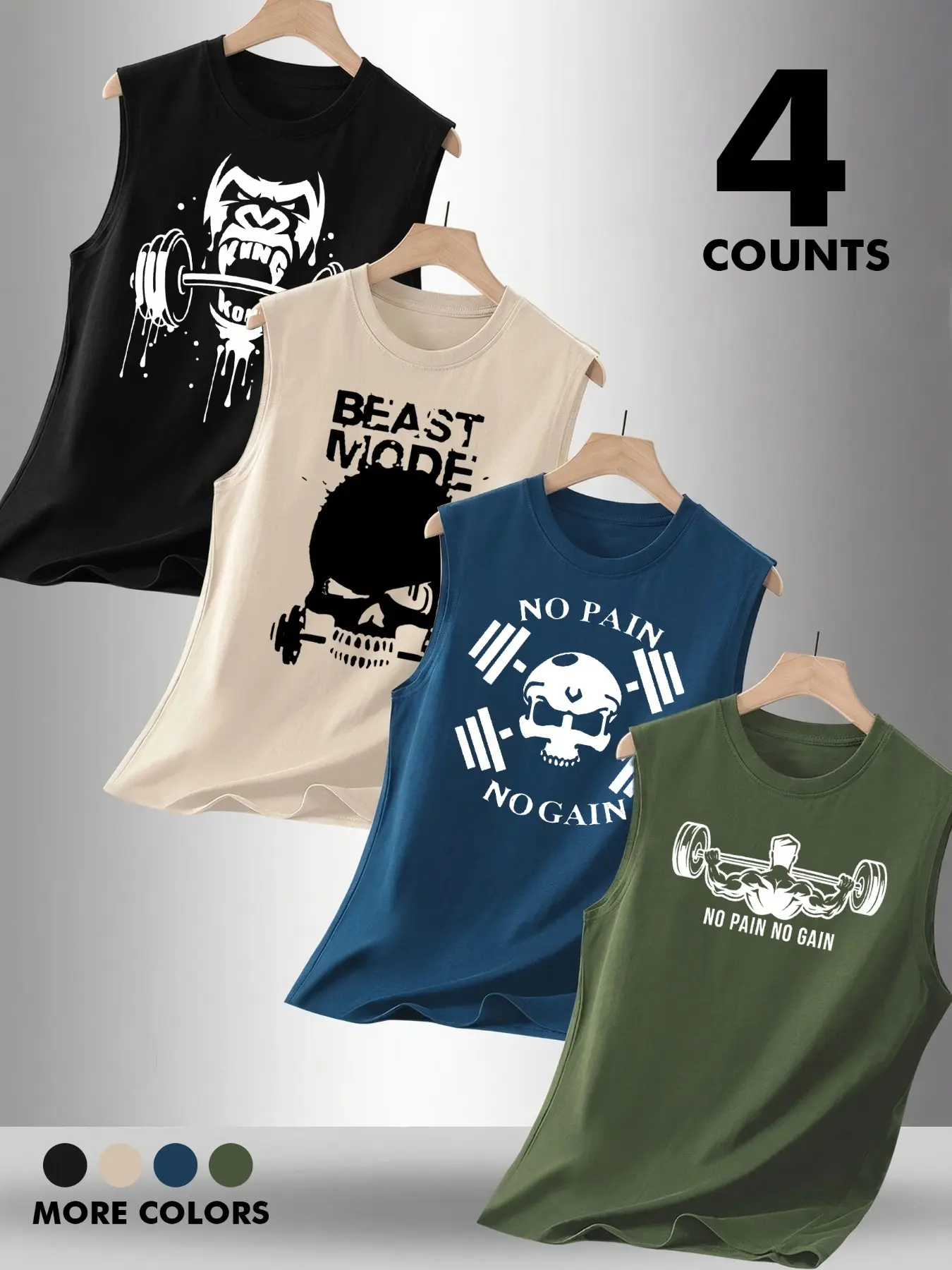 Men's 4-Pack Gym Workout Tank Tops, Fitness Vest Shirt, Sports Tank Top, "No Pain No Gain" Beast Mode Graphic Sleeveless Shirts, Muscle Training Tops for Gym, Fitness #tiktokmademebuyit