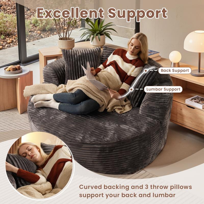 HOOOWOOO 59"W Oversized Round Sofa Bed - Boneless& Modern O-Shape, Lazy Bean Bag Chair, Deep Seat Couch with 3 Pillows, Plush Corduroy Fabric Chaise Lounge, No Assembly Required
